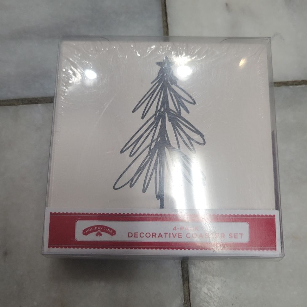 Holiday Time 4 Pack Decorative Christmas Tree Stone Crock Coaster Set NEW